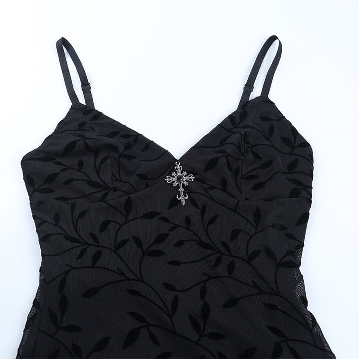 V neck print cross applique cami midi dress  | Festival Outfits Women