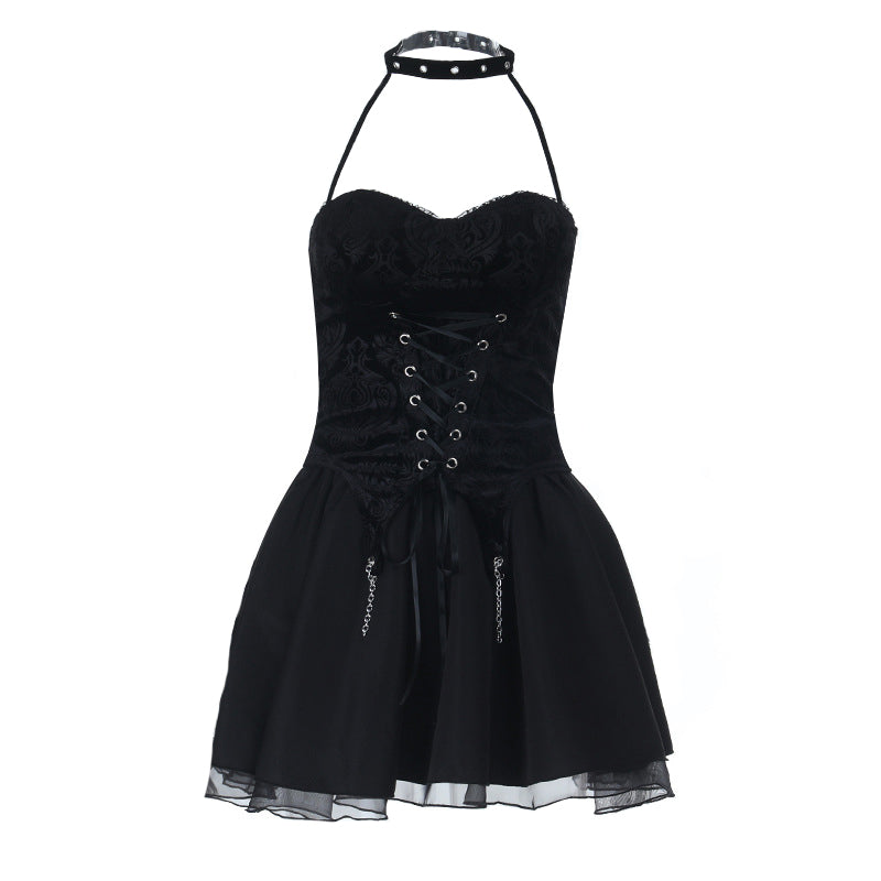 Halter lace up metal chain ruched A line mini skirt set  | Festival Outfits Women