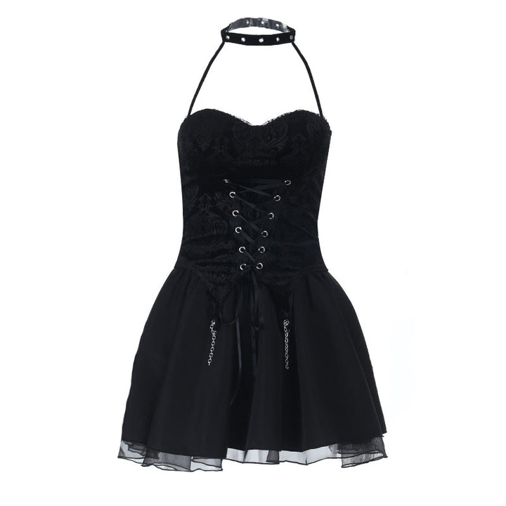 Halter lace up metal chain ruched A line mini skirt set  | Festival Outfits Women