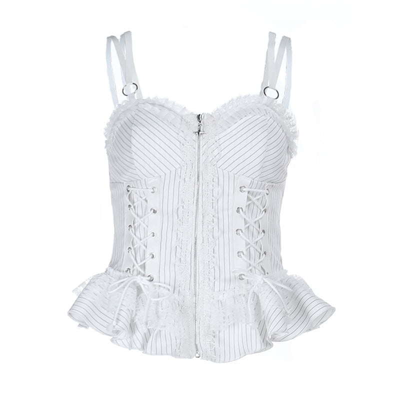 Striped ruffle lace up lace hem zip-up cami top  | Festival Outfits Women