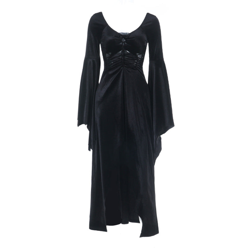 Long flared sleeve hollow out velvet cut out maxi dress  | Festival Outfits Women