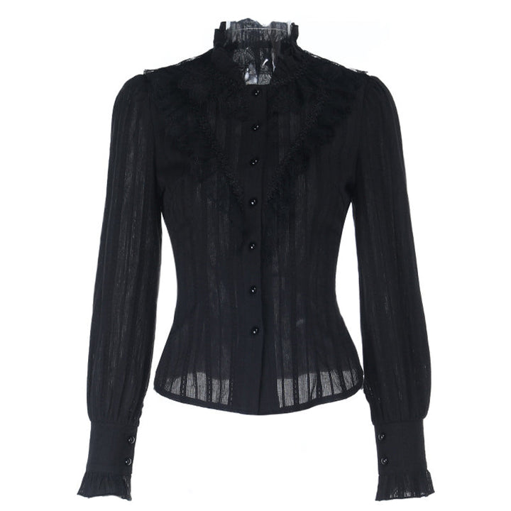 Long sleeve lace hem button self tie top  | Festival Outfits Women