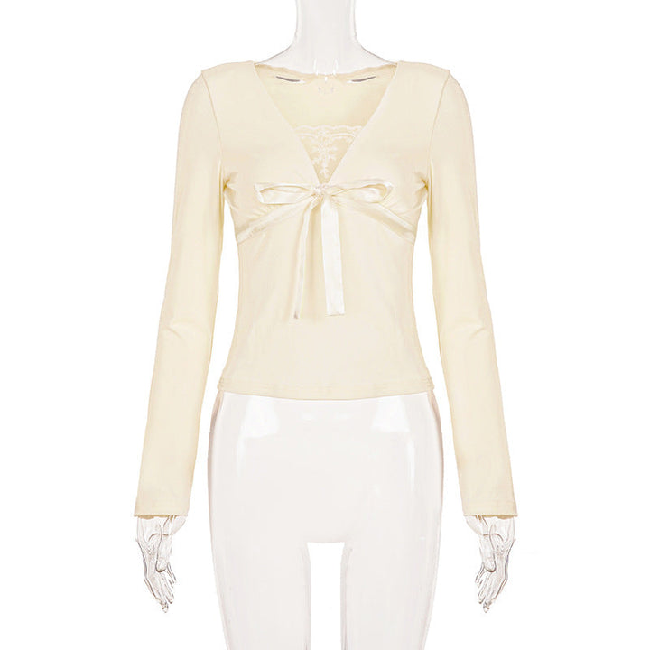 Bowknot long sleeve v neck lace top  | Festival Outfits Women