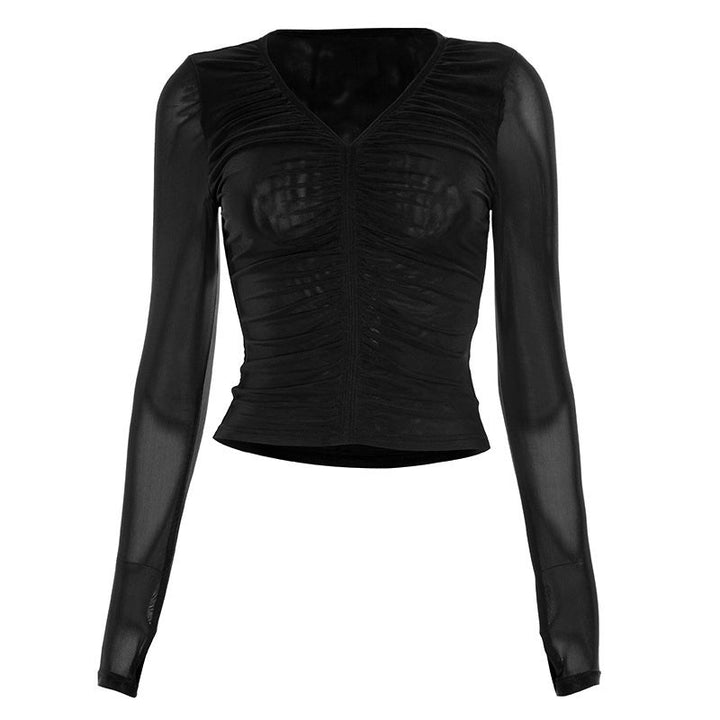 Sheer mesh long sleeve ruched v neck top  | Festival Outfits Women-final-sale
