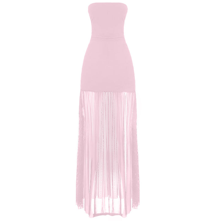 Slit mesh ruched backless tube maxi dress  | Festival Outfits Women
