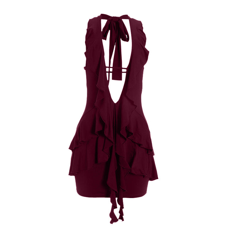 Halter self tie ruched deep v neck ruffle mini dress  | Festival Outfits Women