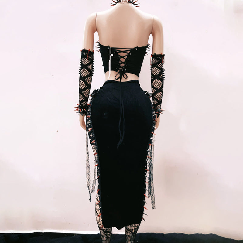 Metal chain rivet applique lace up tube top  | Festival Outfits Women