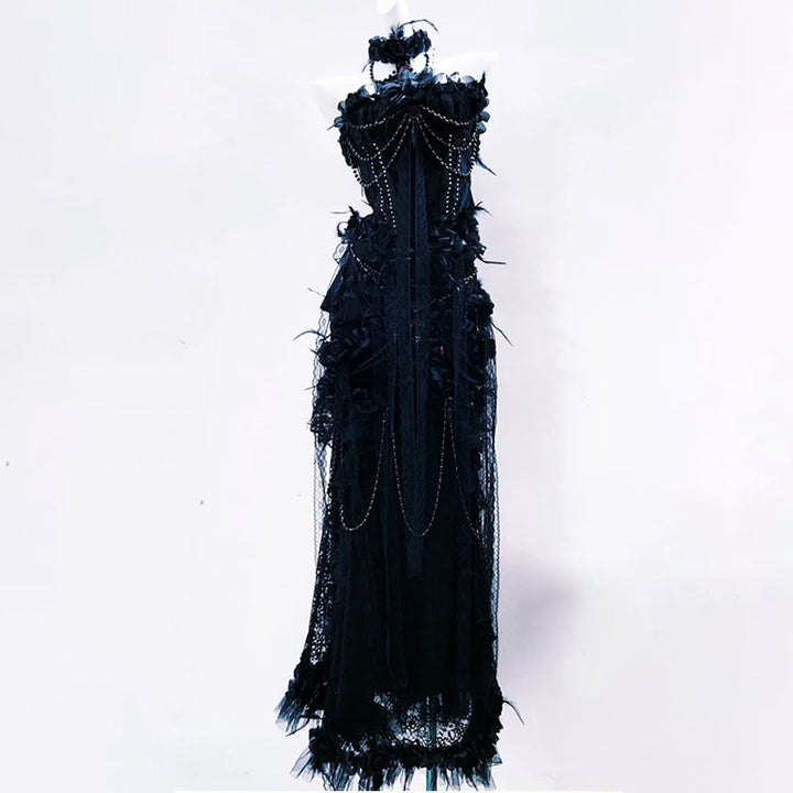 Beaded flower applique feather tube maxi skirt set  | Festival Outfits Women