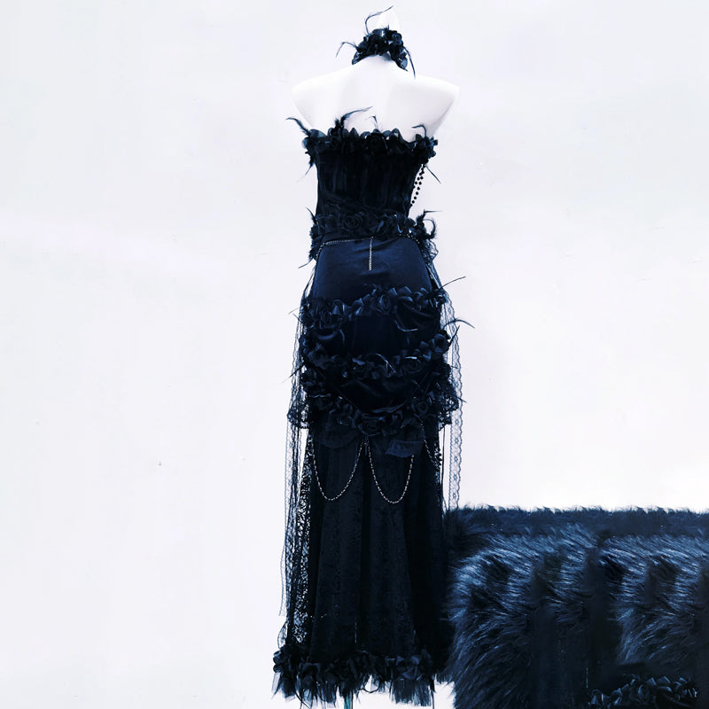 Beaded flower applique feather tube maxi skirt set  | Festival Outfits Women