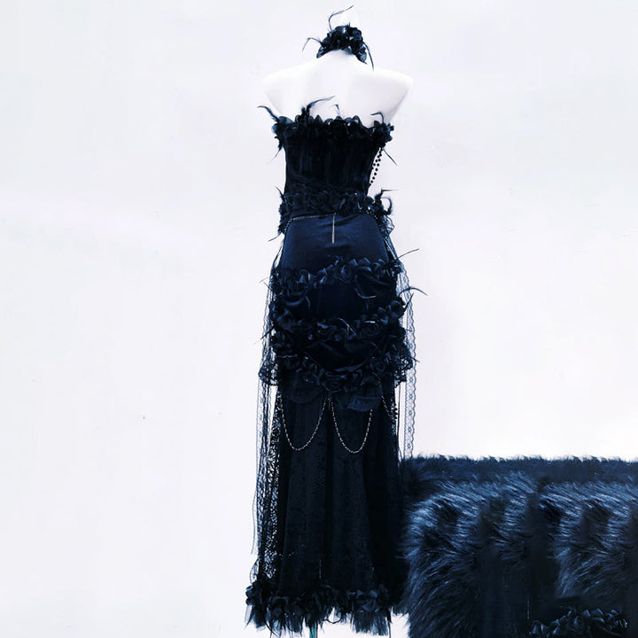 Beaded flower applique feather tube maxi skirt set  | Festival Outfits Women