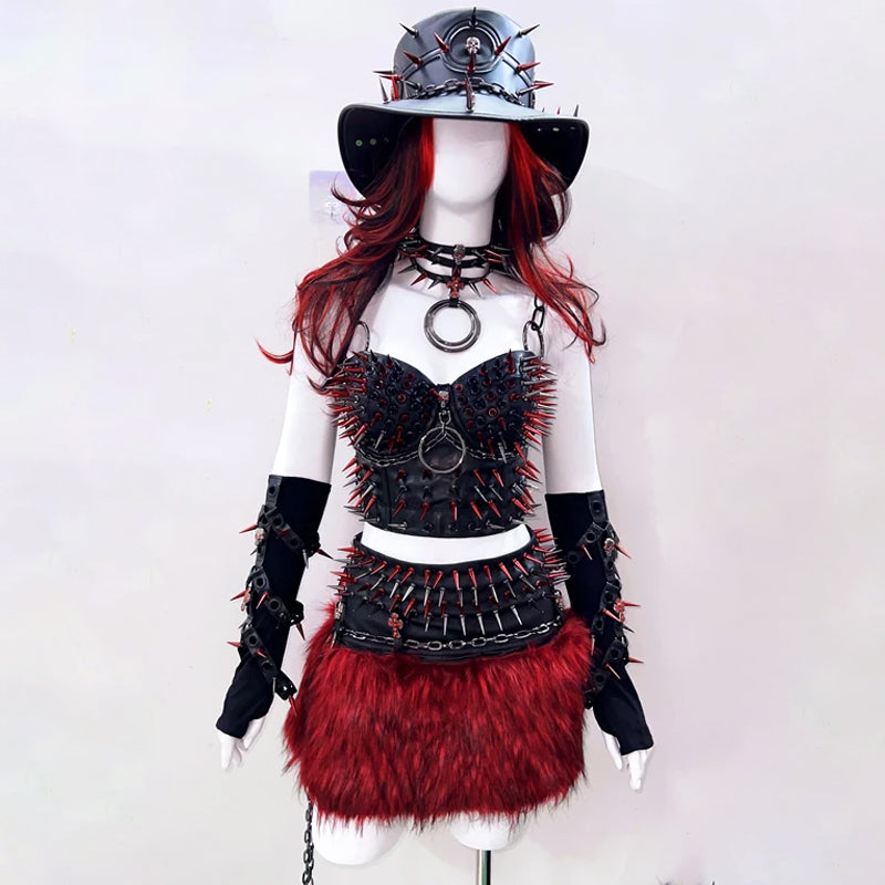 PU leather o ring rivet applique metal chain top  | Festival Outfits Women