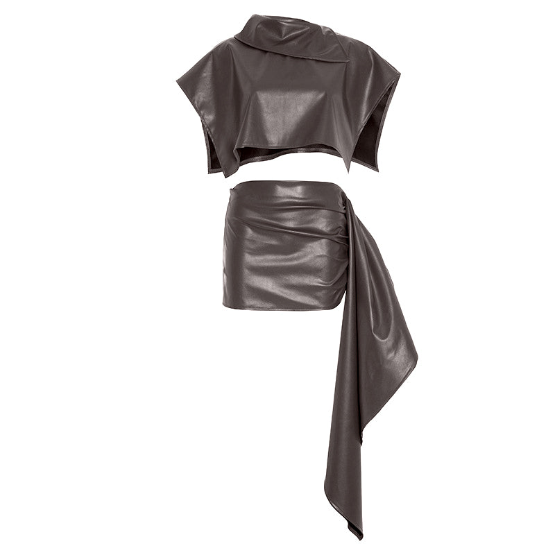 PU leather zip-up ruched irregular mini skirt set Cargo Mini Skirt  | Festival Outfits Women-final-sale