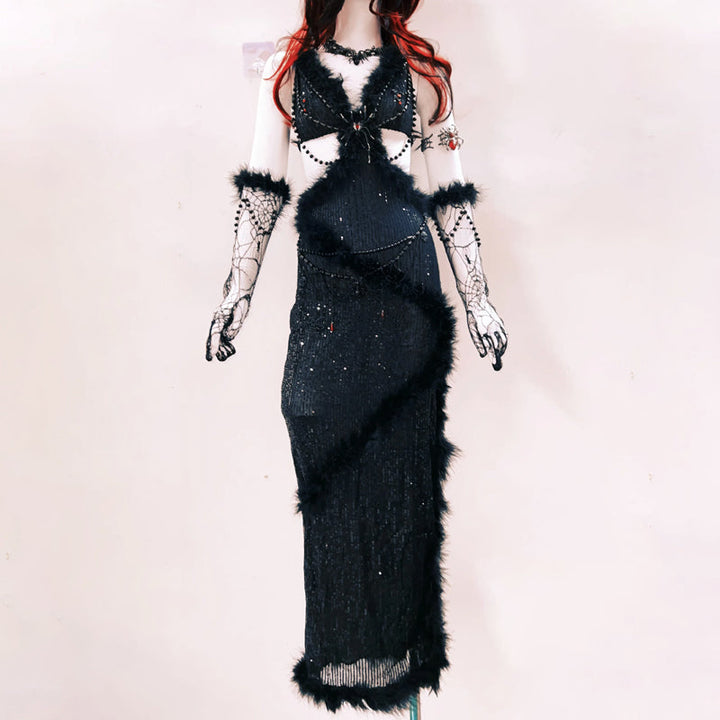 V neck fluffy spider applique hollow out cut out maxi dress  | Festival Outfits Women