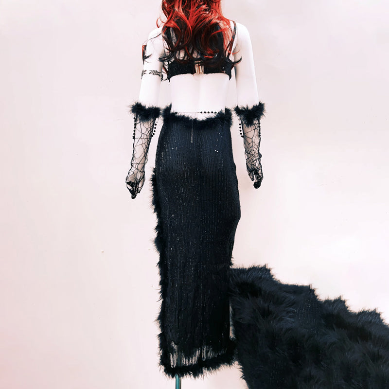 V neck fluffy spider applique hollow out cut out maxi dress  | Festival Outfits Women