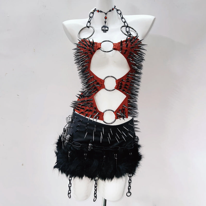 Hollow out o ring rivet applique halter cut out top  | Festival Outfits Women