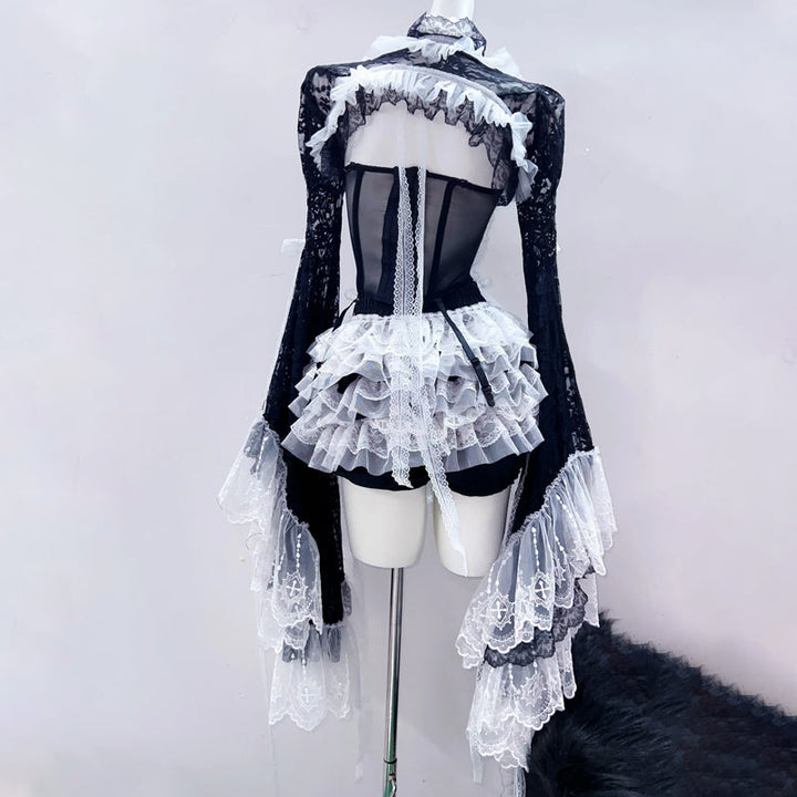 Long flared sleeve bowknot lace hem mini skirt set  | Festival Outfits Women