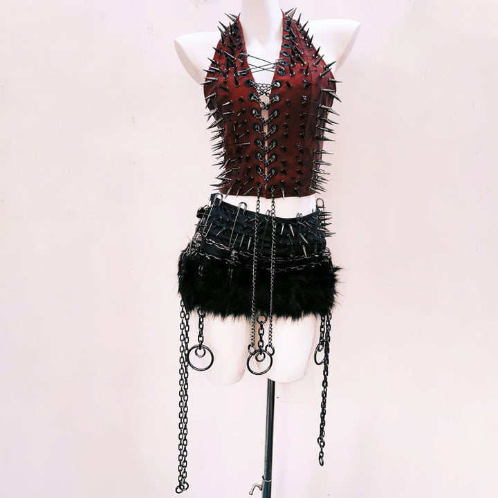 Halter rivet applique metal chain lace up top  | Festival Outfits Women
