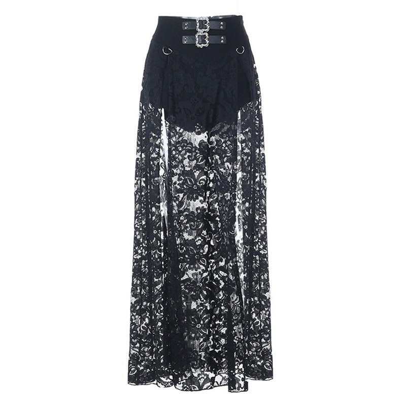Lace slit buckle zip-up solid maxi skirt  | Festival Outfits Women