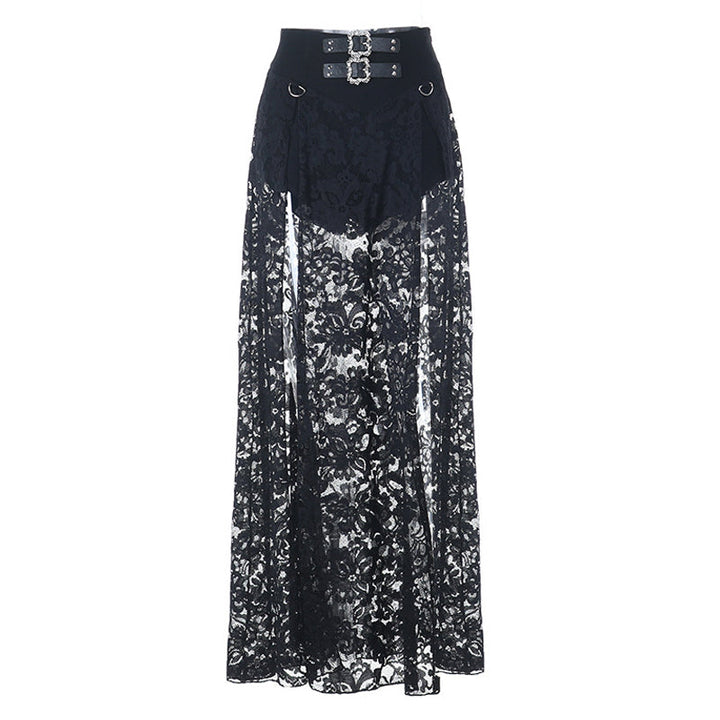 Lace slit buckle zip-up solid maxi skirt  | Festival Outfits Women