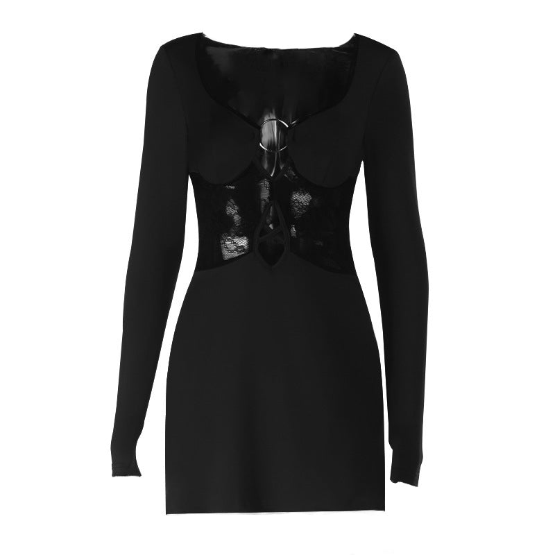 Hollow out o ring long sleeve lace cut out mini dress  | Festival Outfits Women-final-sale