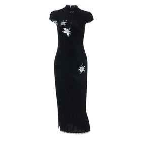 Flower embroidery cap sleeve slit maxi dress  | Festival Outfits Women