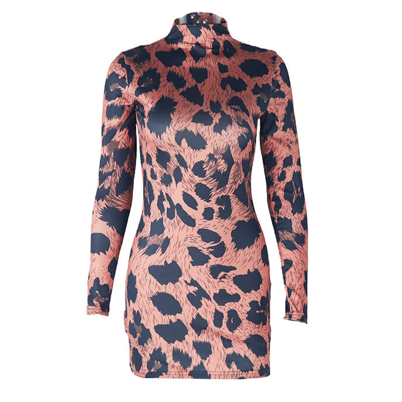 High neck leopard print long sleeve mini dress  | Festival Outfits Women  | Leopard Print Mini Dress
