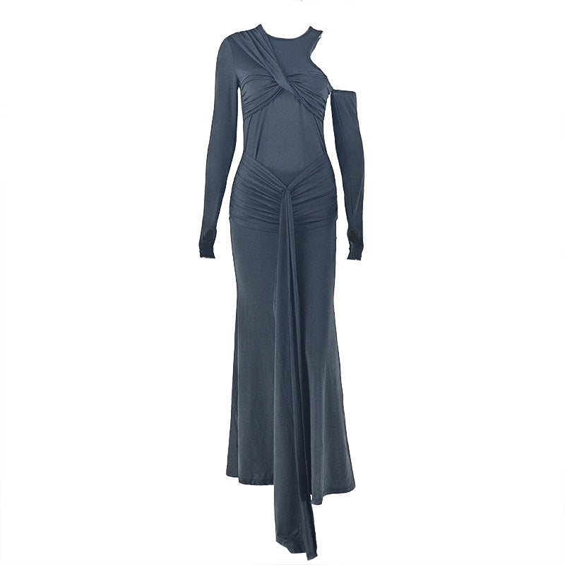 Crewneck long sleeve ruched hollow out cut out maxi dress  | Festival Outfits Women