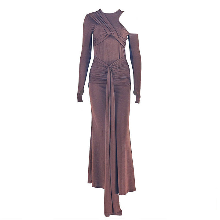 Crewneck long sleeve ruched hollow out cut out maxi dress  | Festival Outfits Women