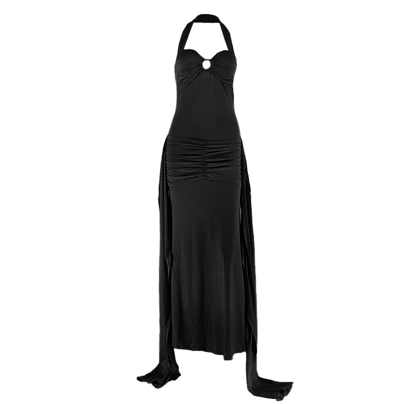 Halter ruched backless o ring maxi dress  | Festival Outfits Women