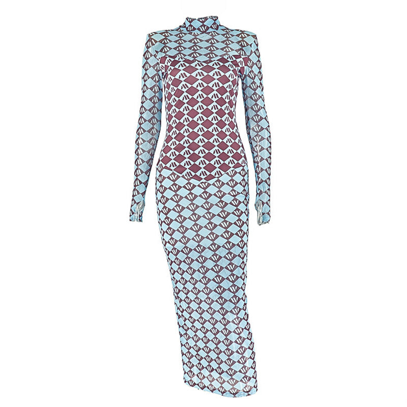 High neck long sleeve mesh print maxi dress  | Festival Outfits Women