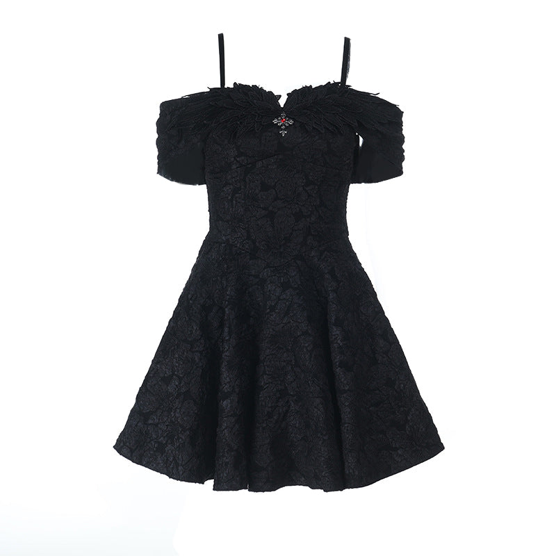 Off shoulder cross applique zip-up mini dress  | Festival Outfits Women-final-sale