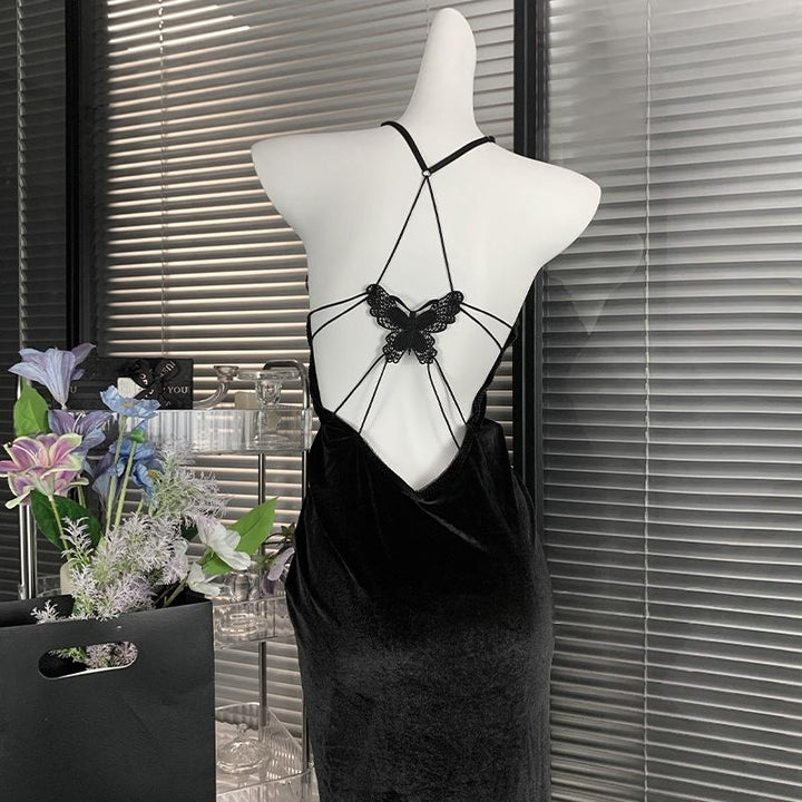 V neck butterfly applique ruched velvet cami maxi dress  | Festival Outfits Women