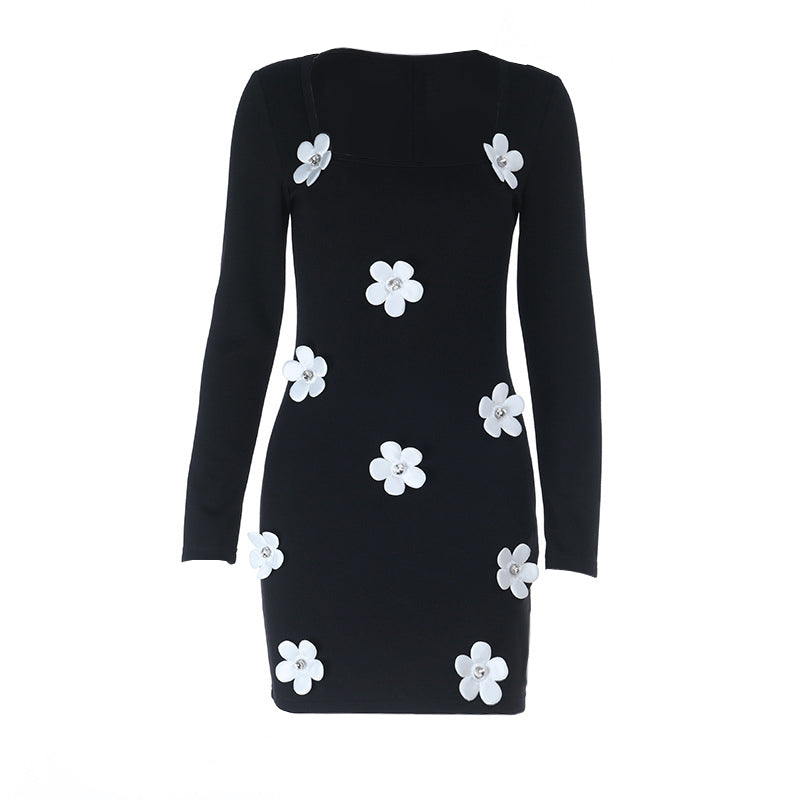 Long sleeve u neck flower applique mini dress  | Festival Outfits Women