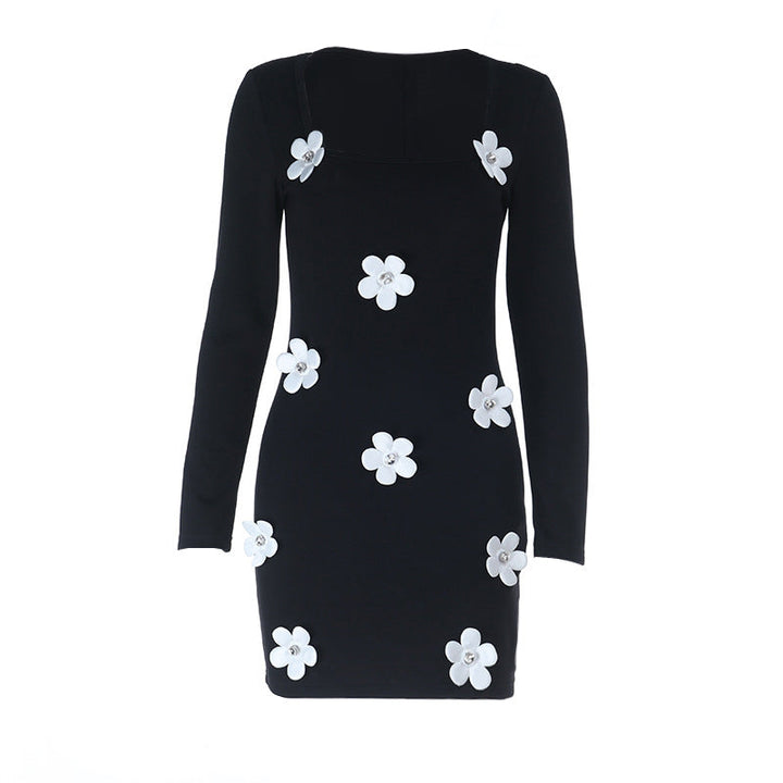 Long sleeve u neck flower applique mini dress  | Festival Outfits Women