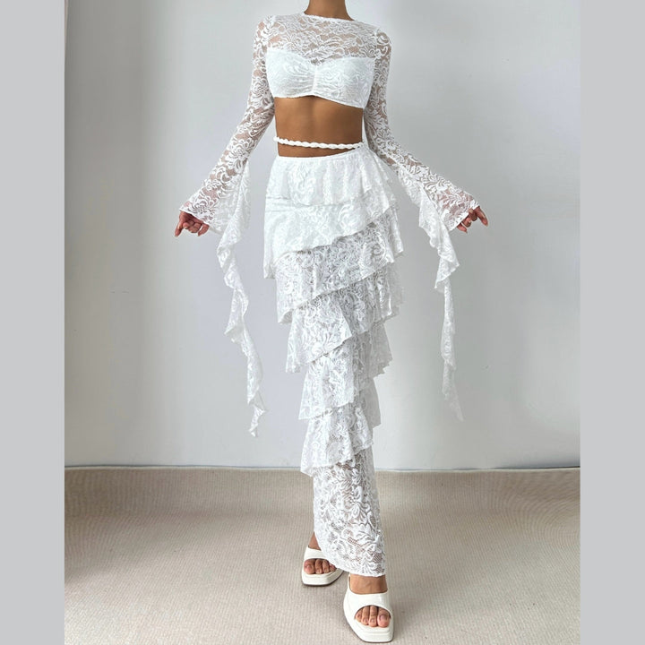 Long sleeve lace crewneck hollow out maxi skirt set  | Festival Outfits Women