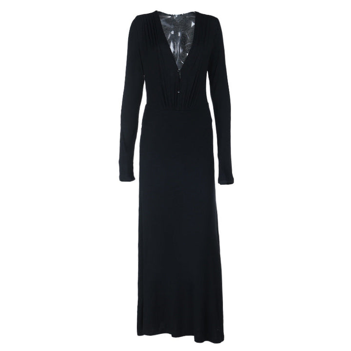 V neck long sleeve button ruched maxi dress  | Festival Outfits Women