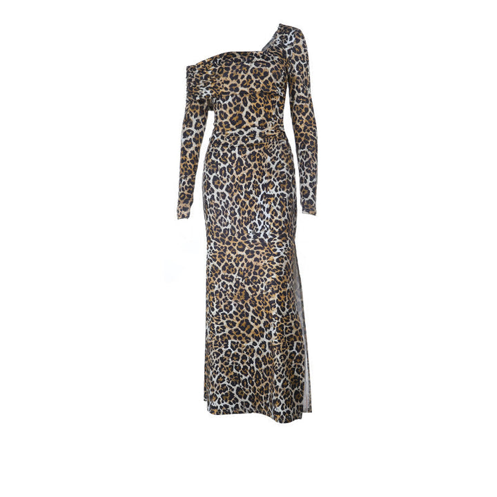 Leopard print one shoulder long sleeve slit maxi dress  | Festival Outfits Women-final-sale