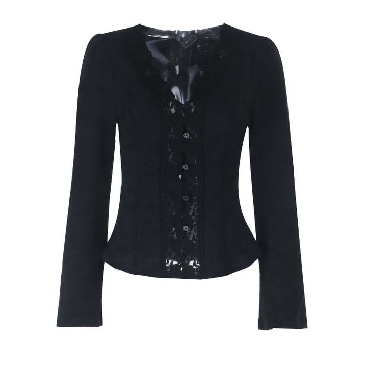 V neck button long sleeve lace hem top  | Festival Outfits Women