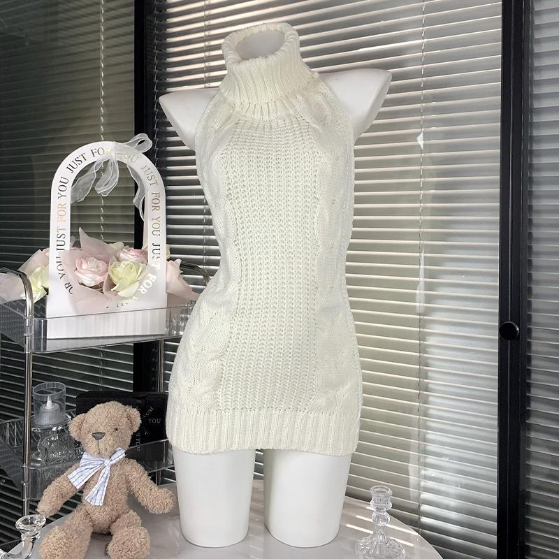 High neck halter self tie backless knitted mini dress  | Festival Outfits Women