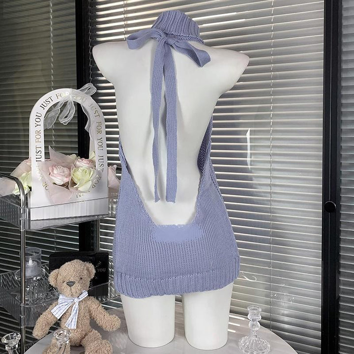 High neck halter self tie backless knitted mini dress  | Festival Outfits Women