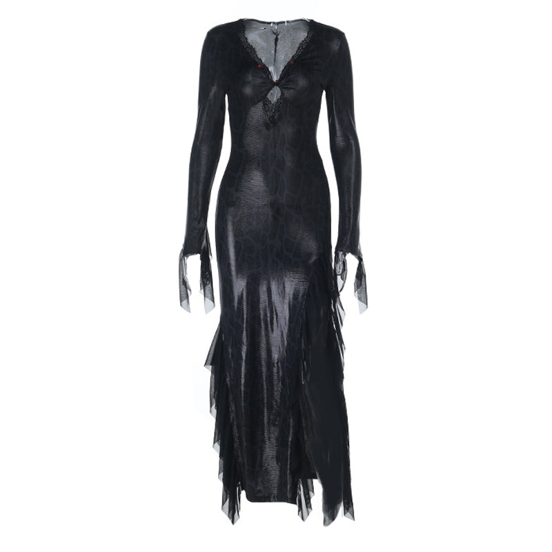 Long sleeve v neck lace hem snakeskin print maxi dress  | Festival Outfits Women-final-sale