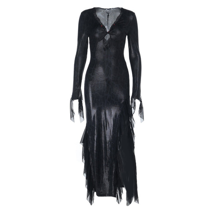 Long sleeve v neck lace hem snakeskin print maxi dress  | Festival Outfits Women-final-sale