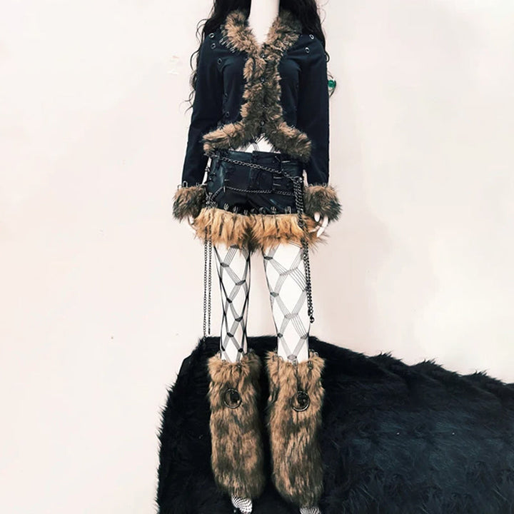 Fluffy long sleeve skull applique hollow out cut out top  | Festival Outfits Women