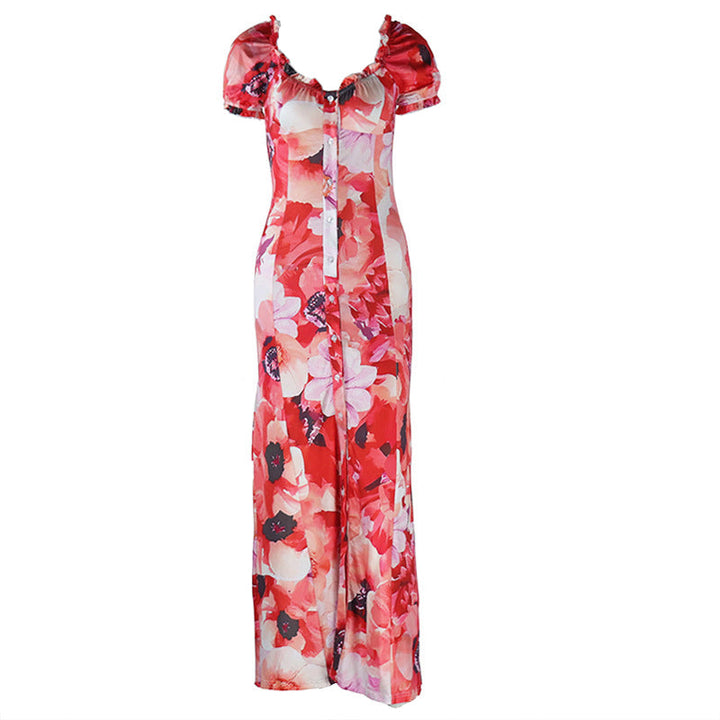 Short sleeve v neck flower print button maxi dress  | Festival Outfits Women