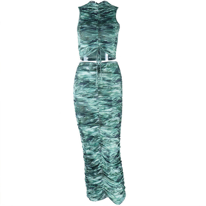 Drawstring ruched crewneck print midi skirt set  | Festival Outfits Women