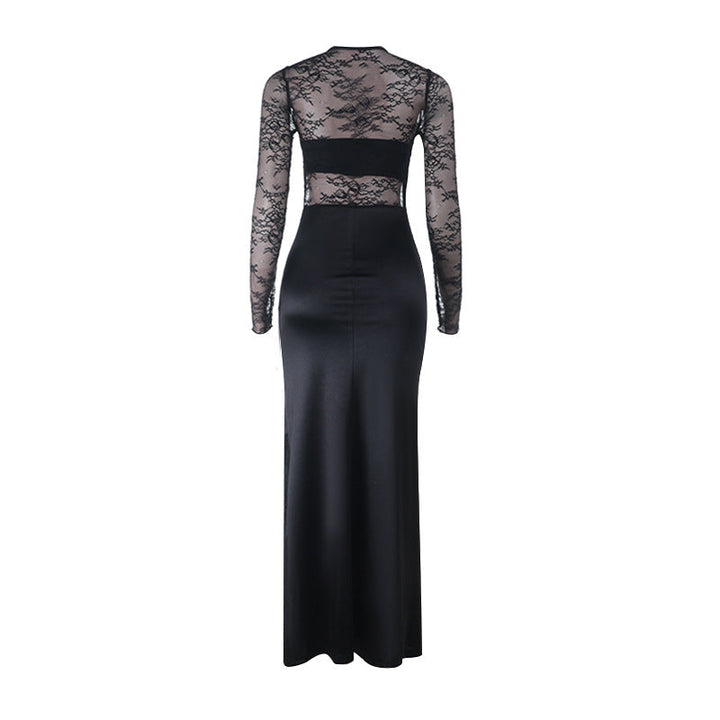 Crewneck lace long sleeve slit irregular maxi dress  | Festival Outfits Women