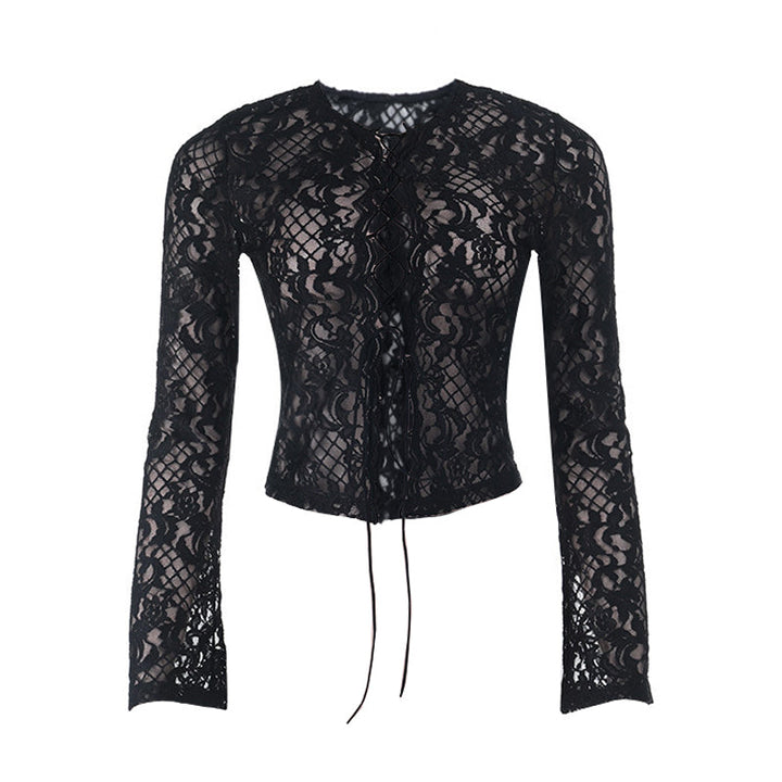 Long sleeve lace self tie solid crewneck top  | Festival Outfits Women