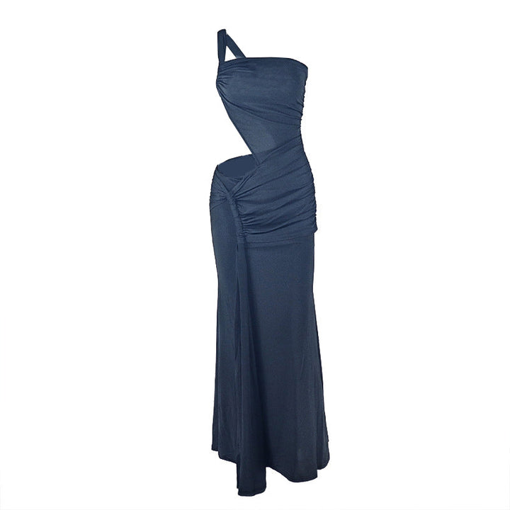 One shoulder irregular hollow out ruched cut out maxi dress  | Festival Outfits Women