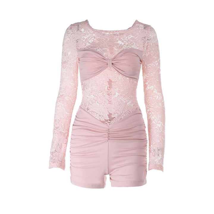 Lace long sleeve round neck ruched zip-up romper  | Festival Outfits Women