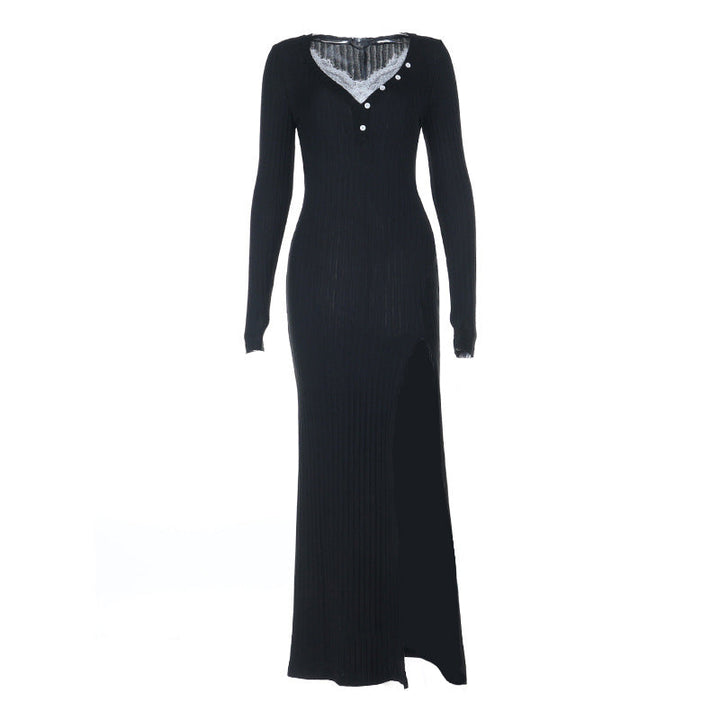 Long sleeve v neck lace hem slit maxi dress  | Festival Outfits Women